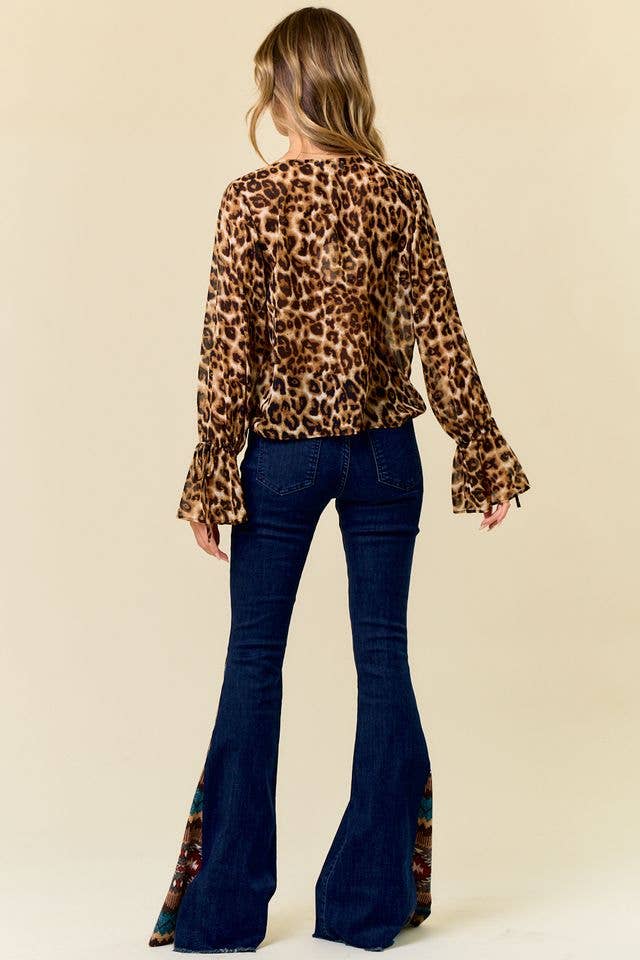 DARK DENIM BELL BOTTOMS WITH INSERT PRINT CONTRAST