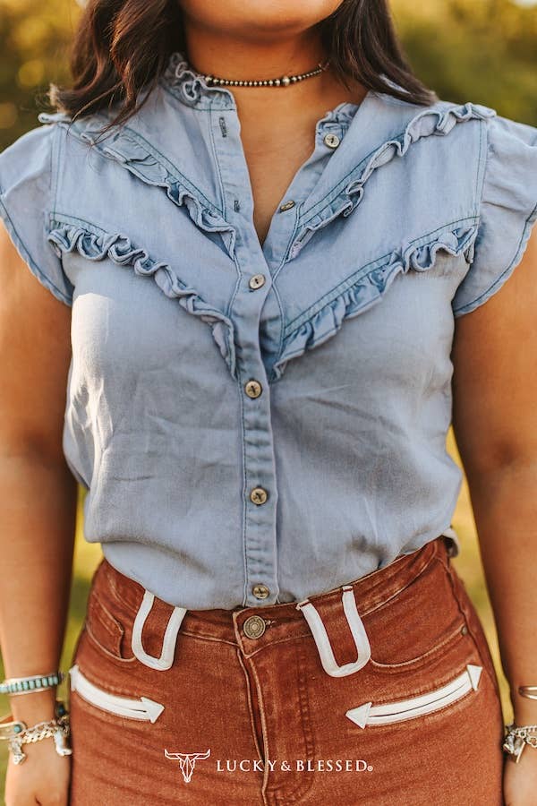 Light Blue Button Down Ruffle Top