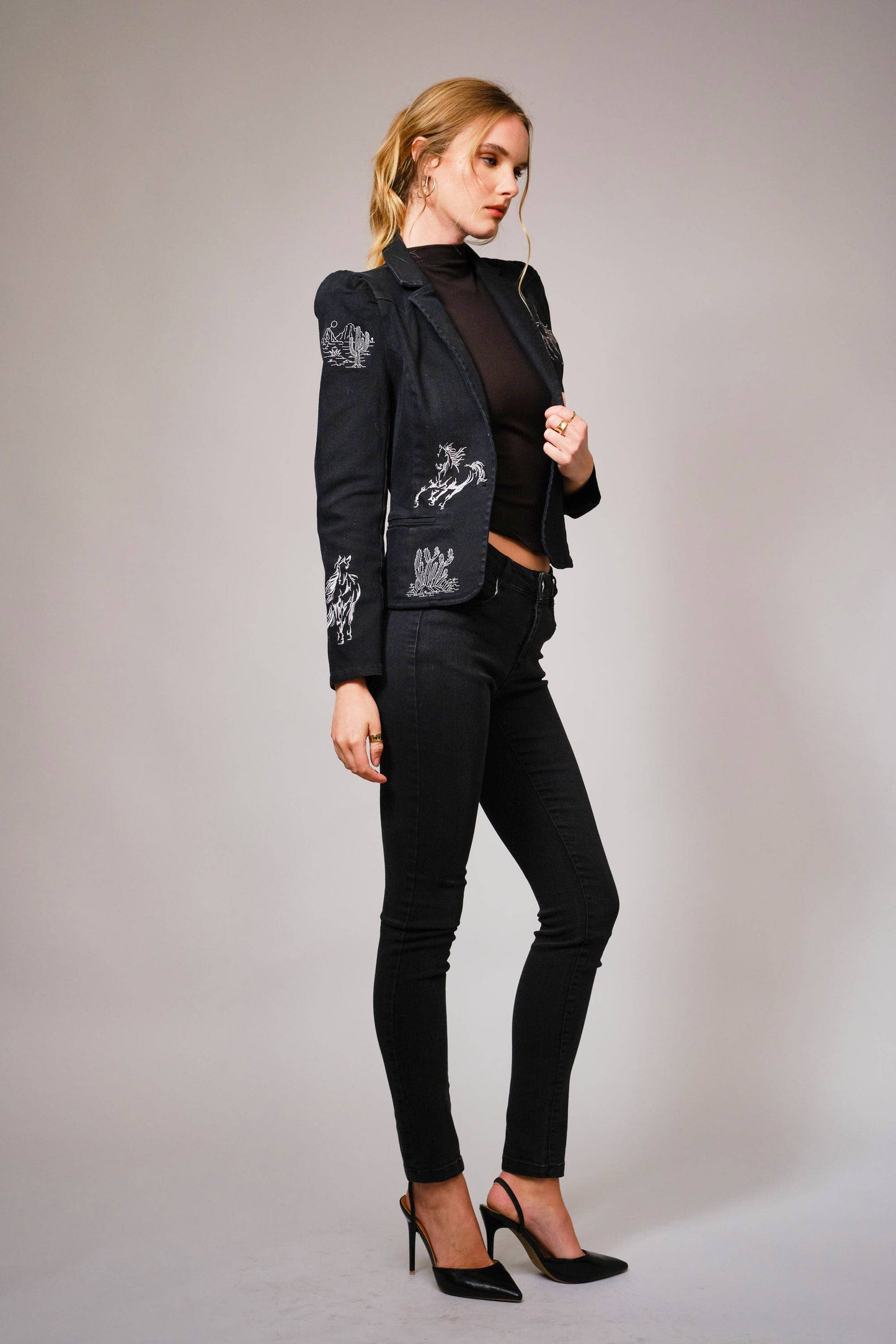 Stretch Denim Embroidered Western Blazer