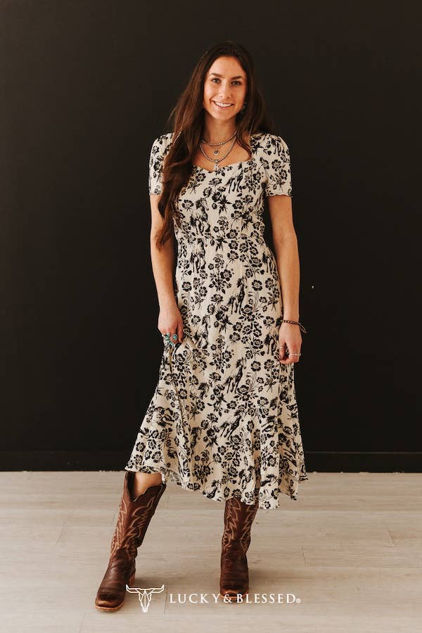 Cream Floral Ruffle Western Dress