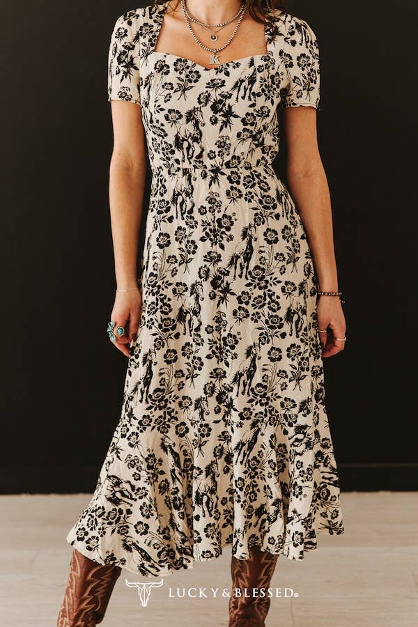 Cream Floral Ruffle Western Dress
