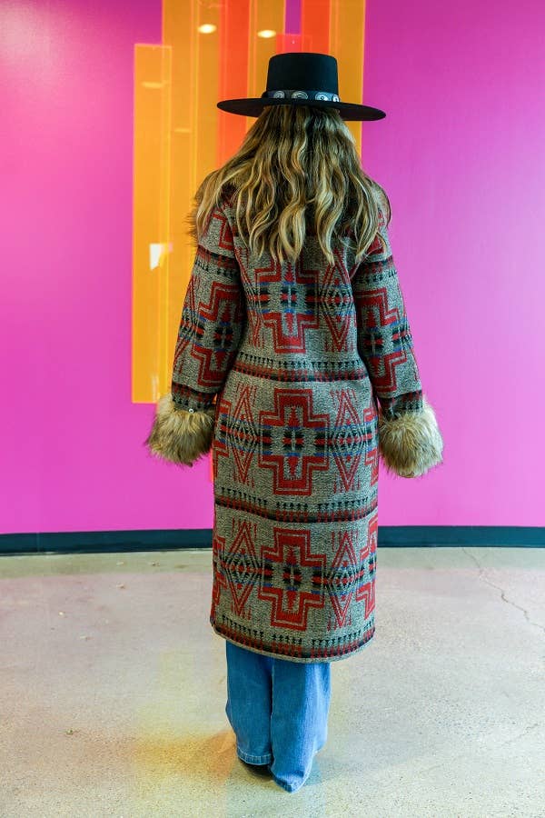 Red Aztec W Fur Collar And Sleeves Hem Long Coat