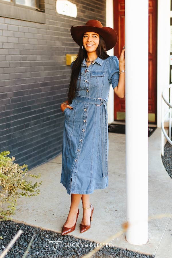 Button Down Belted Denim Dress