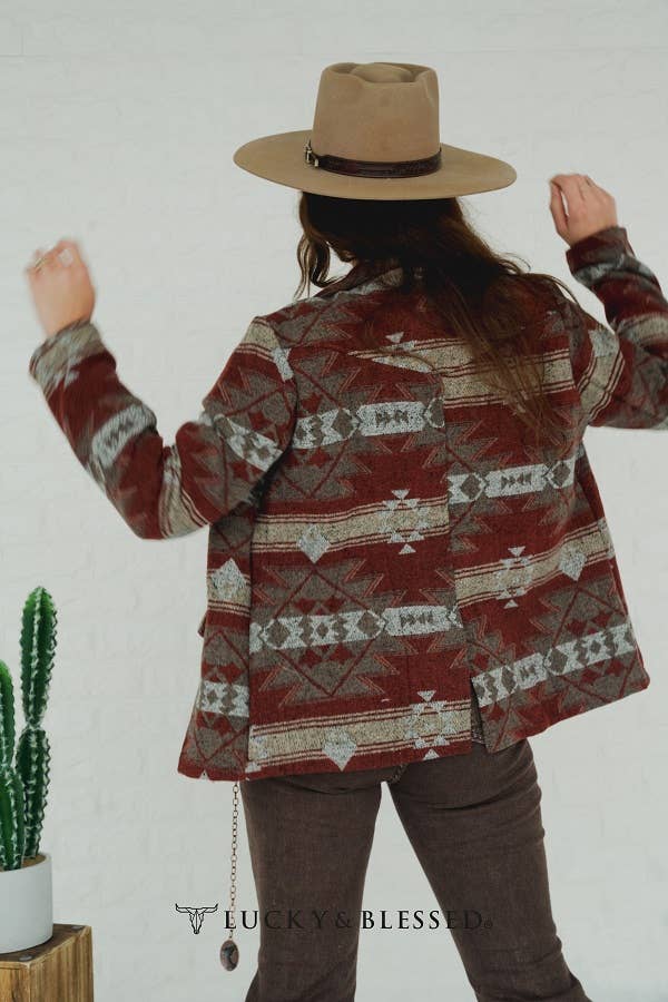 Brown Maroon Aztec Button Down Blazer