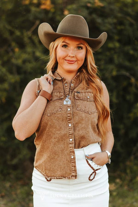 Denim Button Down Sleeveless Shirt