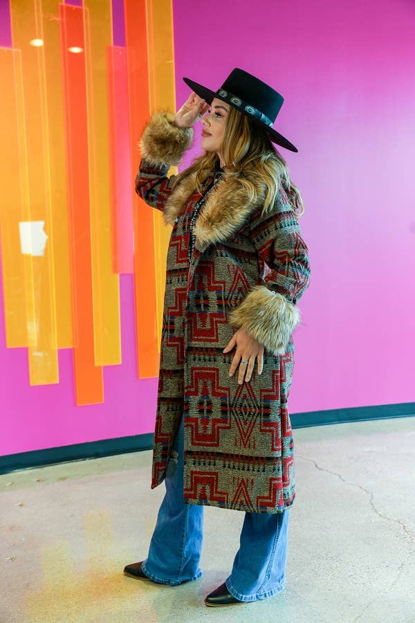 Red Aztec W Fur Collar And Sleeves Hem Long Coat