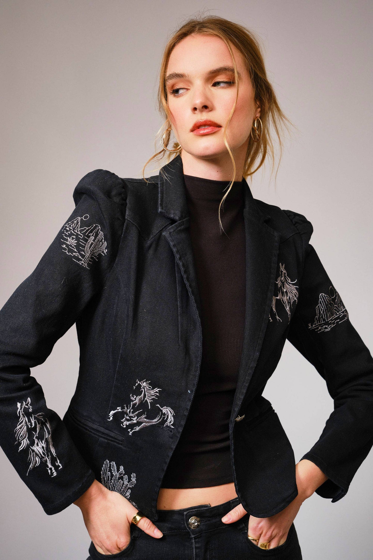Stretch Denim Embroidered Western Blazer