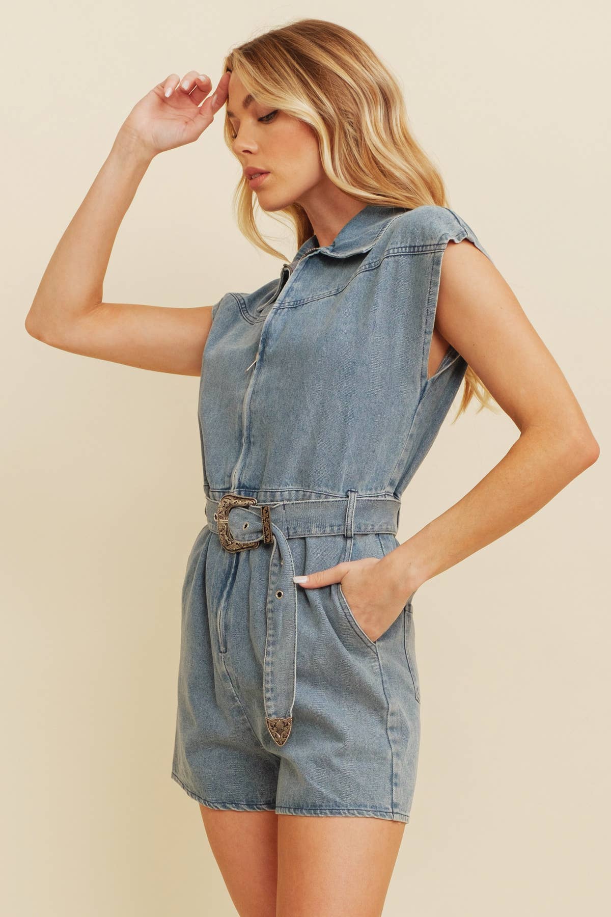 Zip-Up Belted Cotton Romper for Women