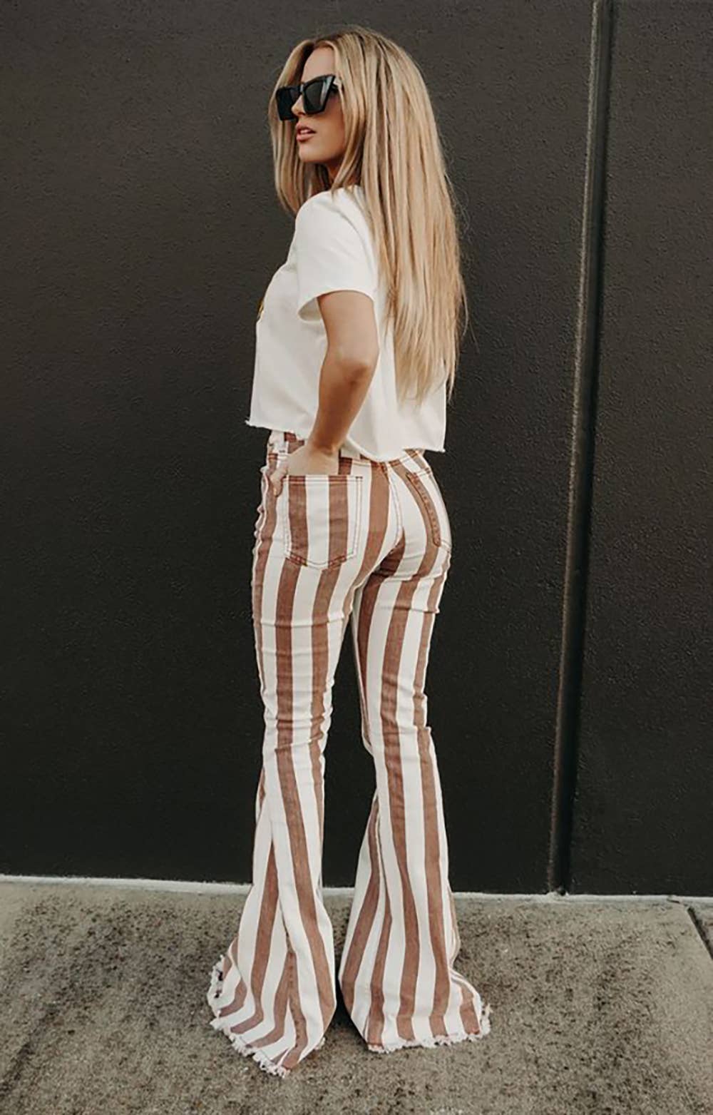 TAUPE STRIPE WESTERN DENIM BELL BOTTOMS