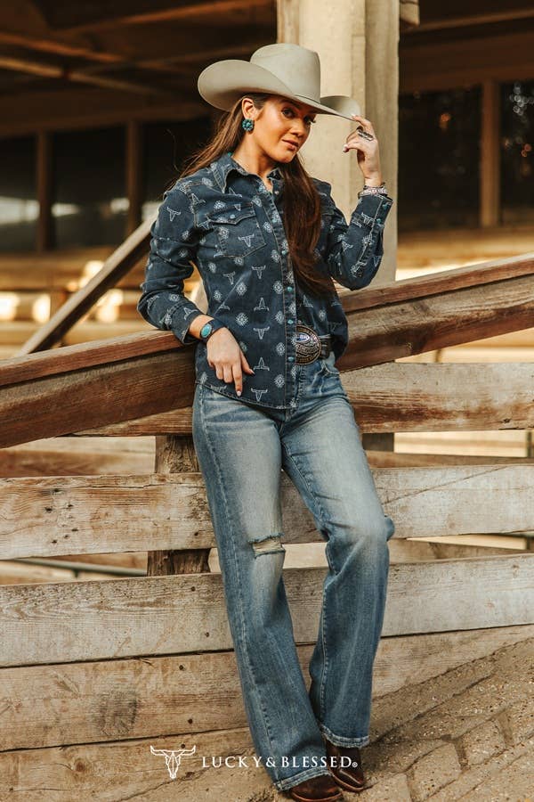 Vintage Mid Wash Cowskull Aztec Laser Printed Shirt