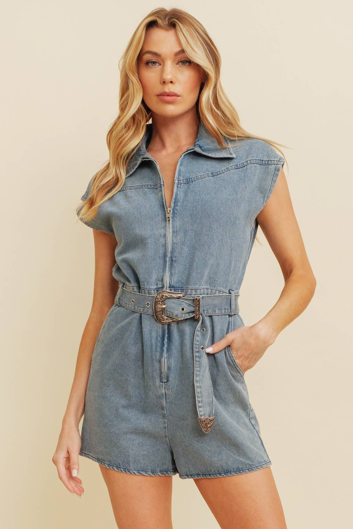 Zip-Up Belted Cotton Romper for Women