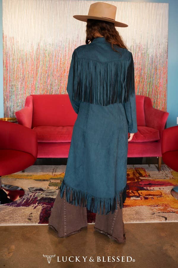 Teal Suede Long Fringe Jacket