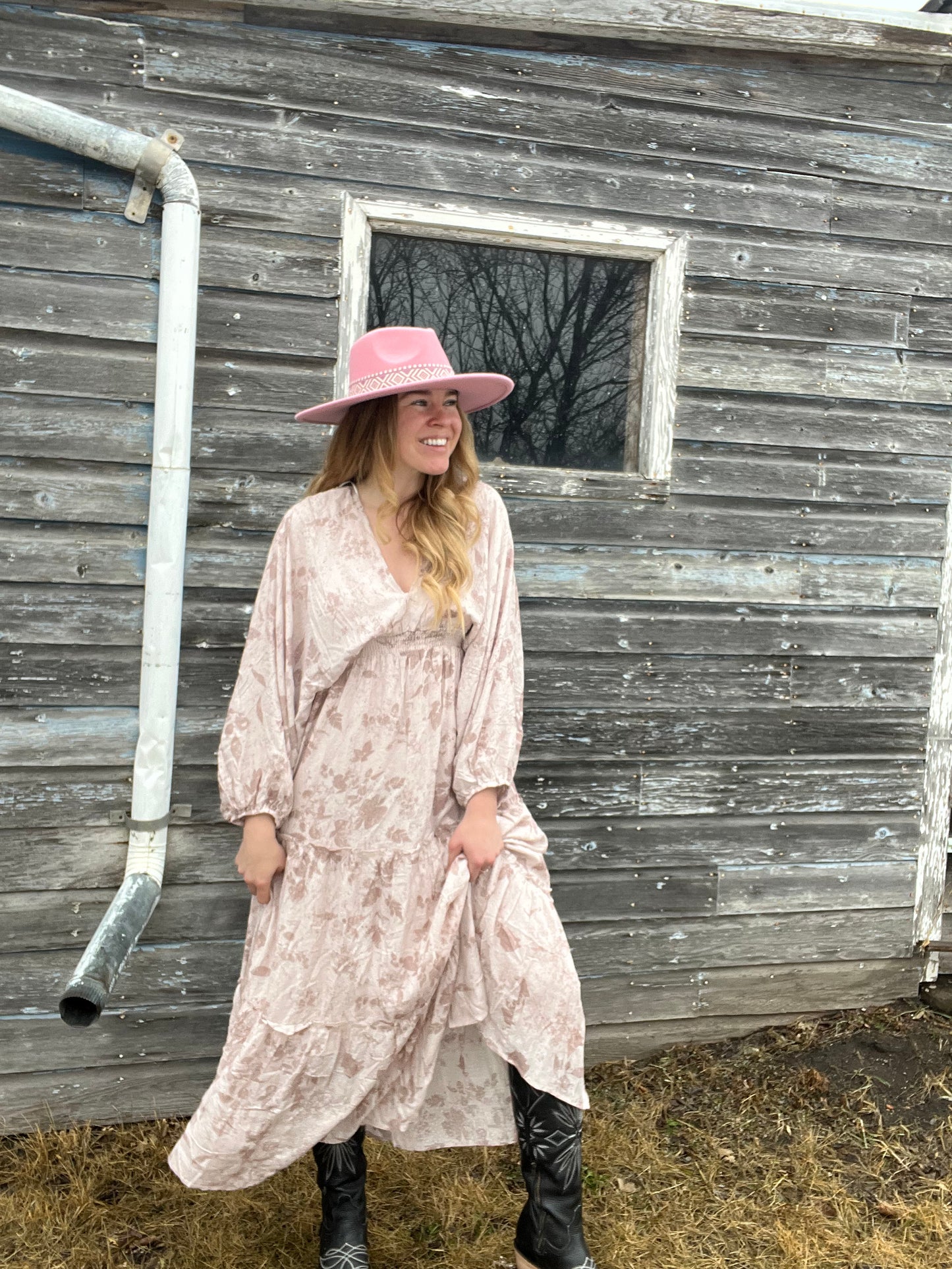 Blush Floral Dolmen Maxi Smocked Maxi Dress