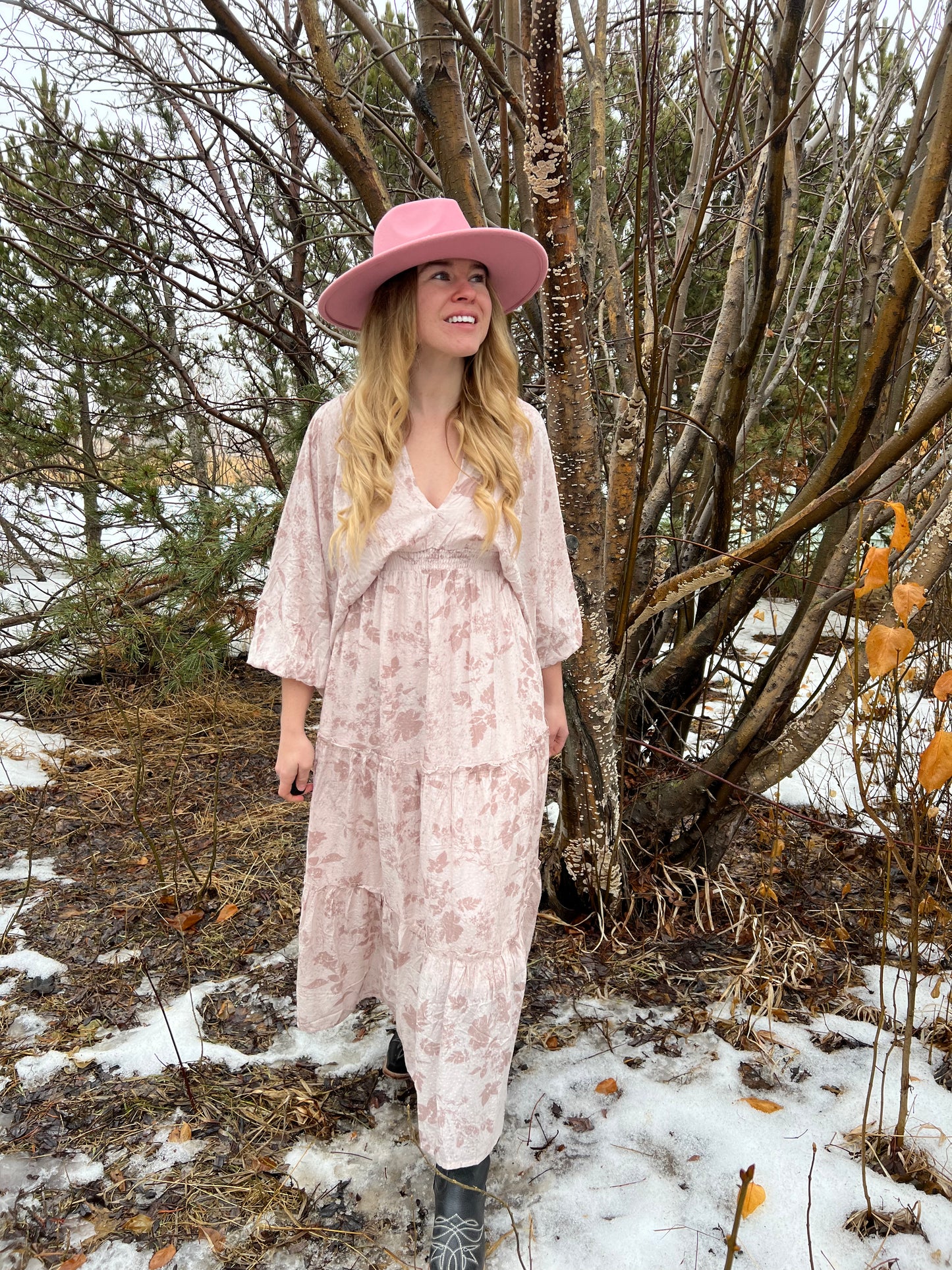 Blush Floral Dolmen Maxi Smocked Maxi Dress