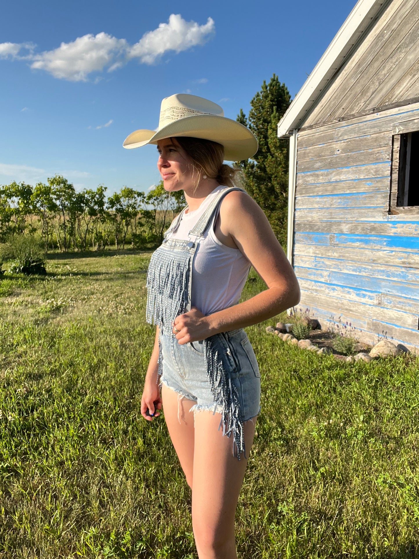 Fringe Studded Denim Overalls