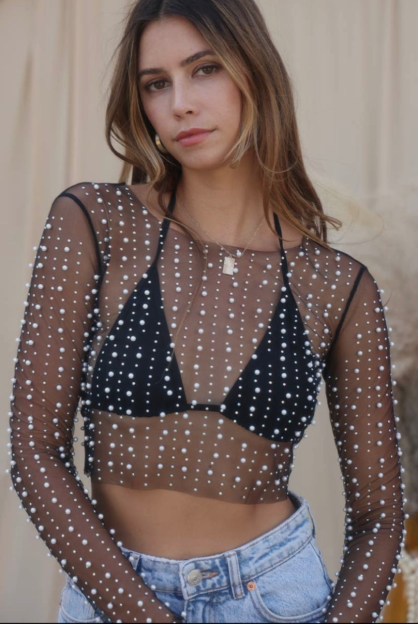 Pearl and Rhinestone Mesh Top