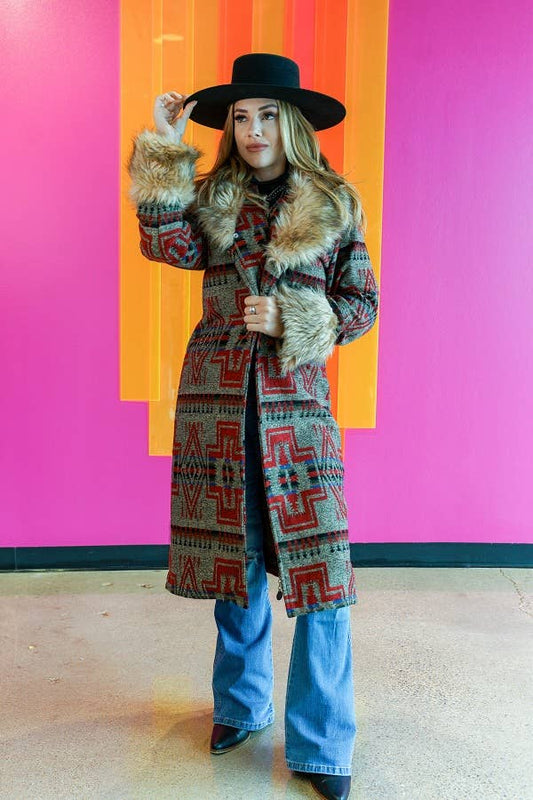 Red Aztec W Fur Collar And Sleeves Hem Long Coat