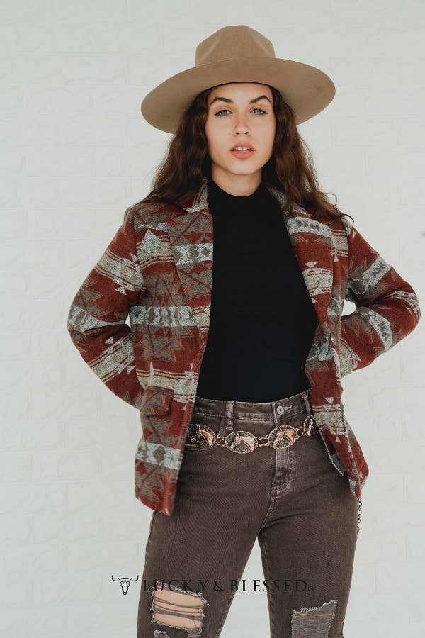 Brown Maroon Aztec Button Down Blazer